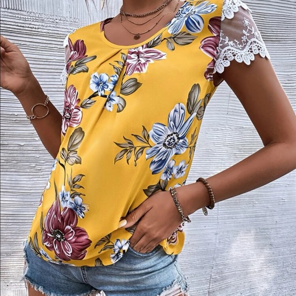 Boho floral print lace trim  blouse - Picture 6 of 6